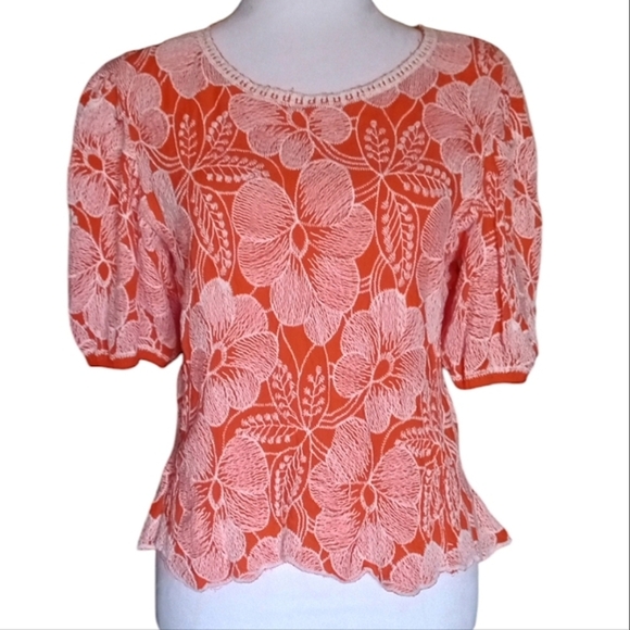 Anthropologie Solitaire Orange All Over Floral Embroidery Peasant Top Sz Medium - Picture 1 of 8